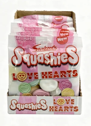 Swizzels Squashies Love Hearts fruit flavors soft candy, 4.23-ounce / 120-gram hanging bag (case of 12)