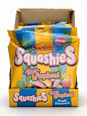 Swizzels Squashies Tropical fruit flavors soft candy, 3.52-ounce / 100-gram hanging bag (case of 12)