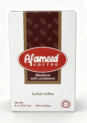 Alameed medium ground coffee with cardamom, turkish coffee 8-ounce / 226.5-gram box (case of 20)
