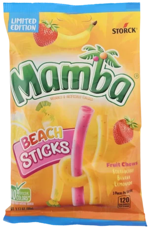 Storck Mamba beach sticks, fruit chews strawberry, banana, lemonade 9-pieces, 3.17-ounce / 90-gram hanging bag (case of 12)