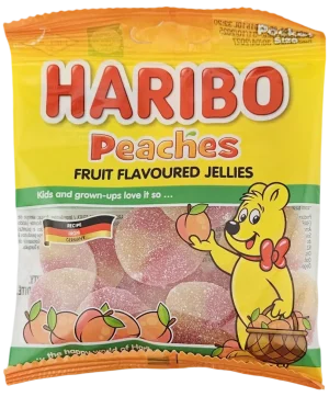 Haribo Peaches fruit flavored jellies gummi candy, 2.82-ounce / 80-gram hanging bag (case of 30)