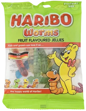 Haribo Worms fruit flavored jellies gummi candy, 2.82-ounce / 80-gram hanging bag (case of 30)